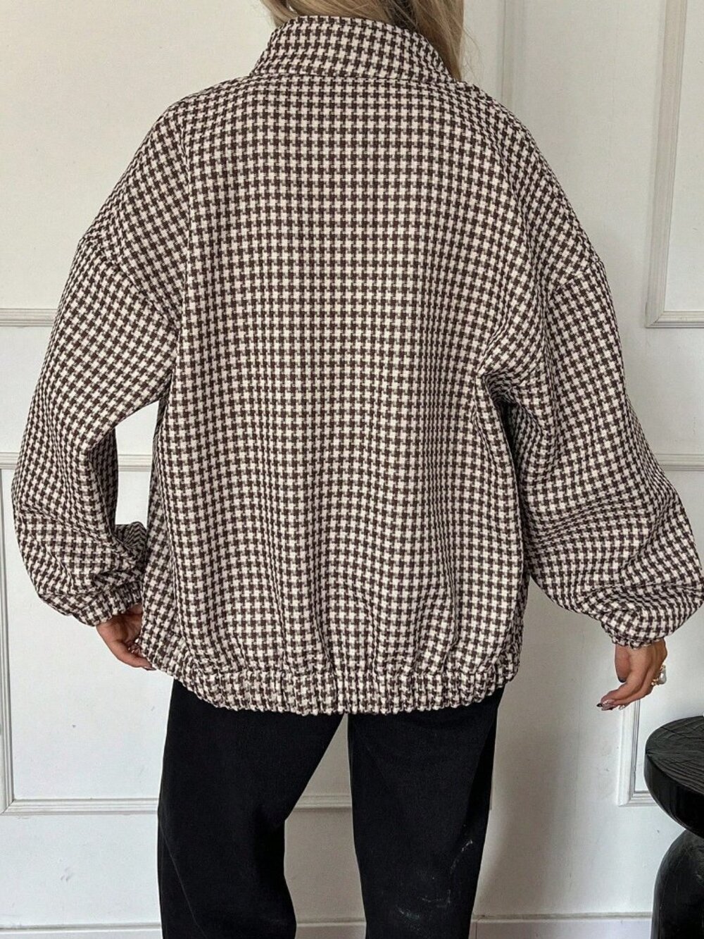 Brown Casual Women's Loose Fit Houndstooth Jacket - Picture 2 of 8